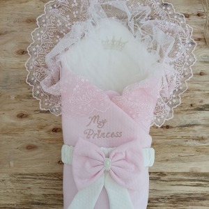 Bal Peteği My Princess Taç Nakış İnci Fiyonklu Dantel Duvaklı Delüks Kundak Bebek Battaniyesi