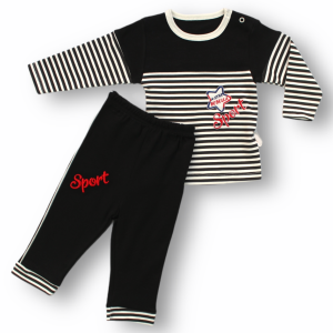 6-9 9-12 12-18 18-24 24-36 Ay Sport Baskılı Çizgili Uzun Kollu Sweatli 2li Erkek Bebek Takımı