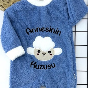 3-6-9-12 Ay Kuzu Tüylü Kumaş Annesinin Kuzusu Nakışlı Alttan Çıtçıtlı Kız Erkek Bebek Tulumu