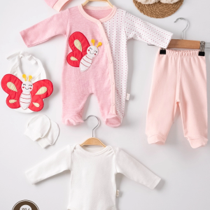 3 Ay Kelebek Nakışlı Puanlı Tulumlu Kız Bebek 5'li Set Pembe