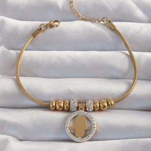 316L Çelik Gold Renk Zirkon Taş Aksesuarlı Fatma Ana Eli Bileklik