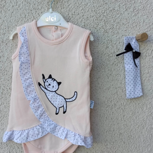 3-9 Ay Kız Bebek Badi Kedili Fırfırlı Bandanalı Somon