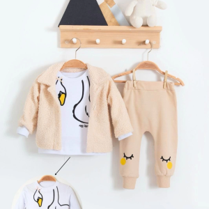 3-18 Ay Kız Bebek Takımı Peluş Hırkalı 3 Lü Krem