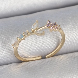 Pirinç Gold Renk Zirkon Taşlı Çiçek Model Ayarlanabilir Kadın Yüzük