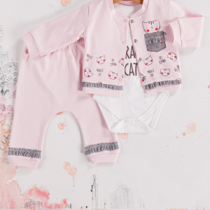 3-9 Ay Kız Bebek Takımı Kedi 3'lü Hırkalı Açık Pembe