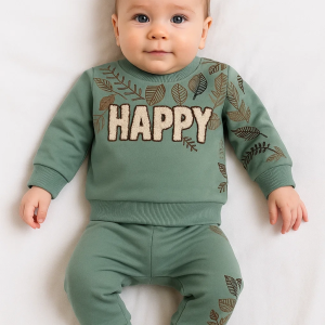 3-18 Ay Erkek Bebek Takımı Happy Yaprak 2'li Yeşil