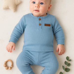 3-18 Ay Çizgili Kumaş 2'li Unisex Takımı Mavi