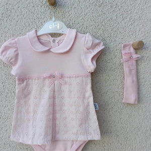 3-9 Ay Bebek Yaka Çiçek İşlemeli Bandanalı Badi Pembe