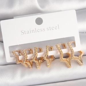 Pirinç Gold Renk Zirkon Taşlı 3 Çift Yıldız Model Kadın Küpe