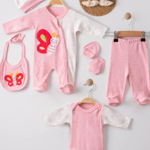 3 Ay Kelebek Nakış Tulumlu Kız Bebek 5'li Set Pembe
