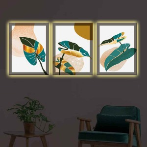 YEŞİL VE GOD YAPRAKLAR 3LÜ KANVAS TABLO