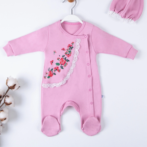 3-9 Ay Kız Bebek Tulumu Çiçek Nakışlı Şapkalı Pembe