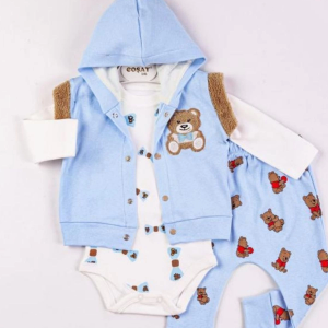 3-9 Ay Erkek Bebek Takımı Bear Nakışlı Yelekli 3'lü Mavi