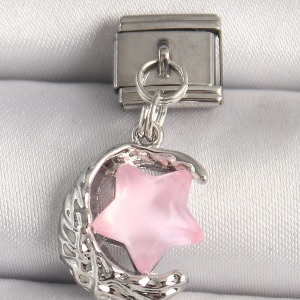 316L Çelik Gümüş Renk Hilal Pembe Mineli Yıldız Model Nomination Charm