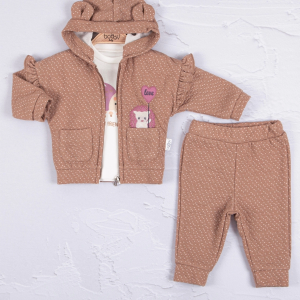 3-18 Ay Kız Bebek Takımı Kirpi Nakışlı 3'lü Kahverengi