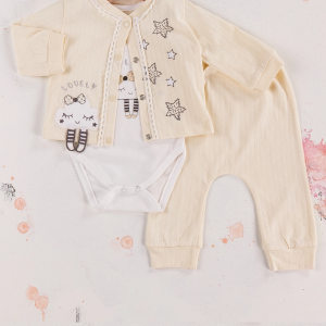 3-9 Ay Kız Bebek Takımı Lovely Yıldız 3'lü Hırkalı Krem