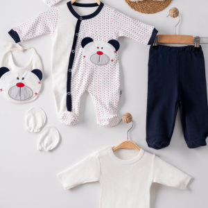 3 Ay Puanlı Ayıcık Nakışlı Tulumlu Erkek Bebek 5'li Set Lacivert
