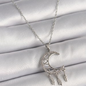 316L Çelik Gümüş Renk Zincir Zirkon Taşlı Hilal Model Sallantı Yaprak Detay Kadın Kolye