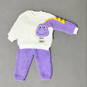 1-2-3 Yaş Minik Dino Kollu Kuzu Kumaş Sweat Pantolon Uzun Kollu Kız Erkek 2 Li Takımı
