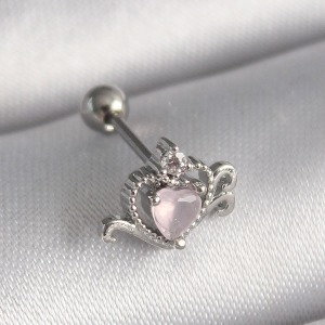 316L Çelik Gümüş Renk Pembe Mineli Kalp Zirkon Taş Detay Tragus Piercing
