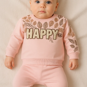 3-18 Ay Kız Bebek Takımı Happy Yaprak 2'li Pembe