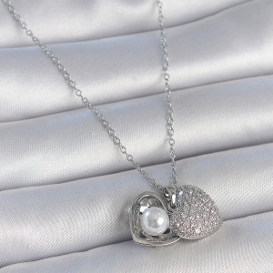 316L Çelik Gümüş Renk Zincir Zirkon Taşlı Açılır İncili Kalp Model Kadın Kolye