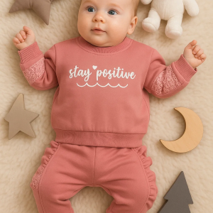 3-18 Ay Kız Bebek Takımı Stay Pozitive Dantelli 2'li Fuşya
