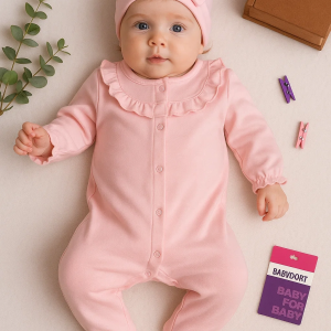 3-9 Ay Kız Bebek Tulum Robası Astarlı Fiyonk Şapkalı Açık Pembe