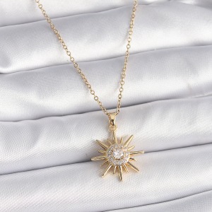 316L Çelik Gold Renk Zincir Zirkon Taşlı Güneş Model Kadın Kolye