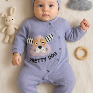 3-18 Ay Kız Bebek Tulumu Pretty Dog Nakış Bandanalı Lila