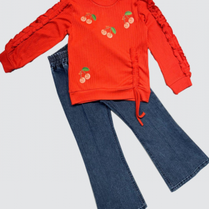 4-5-6 Yaş Kot Pantolonlu Kiraz Desenli Penye Sweat Uzun Kollu 2li Kız Çocuk Takımı