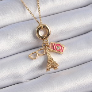 316L Çelik Gold Renk Eyfel Kulesi Fotoğraf Makinesi Figür Charm Model Kadın Kolye