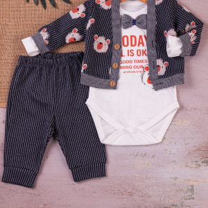 3-9 Ay Papyon Ceketli Erkek Bebek Takımı Bear 3'lü Siyah