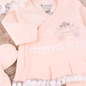 Çiçekli Araba Nakışlı Dantelli 5'li Kız Bebek Hastane Çıkışı 0-3 Ay Somon