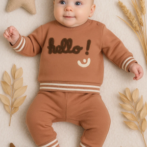 3-18 Ay Erkek Bebek Takımı Hello Nakışlı 2'li Kahverengi