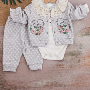 3-9 Ay Kız Bebek Takımı Brode İşlemeli Kalp 3'lü Hırkalı Gri