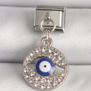 316L Çelik Gümüş Renk Zirkon Taşlı Göz Model Nazar Boncuk Detay Nomination Charm