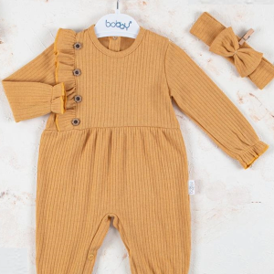 3-12 Ay Kız Bebek Tulumu Düğme Detay Bandanalı Hardal
