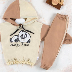 6-24 Ay Erkek Bebek Takımı Panda Kapişonlu Krem