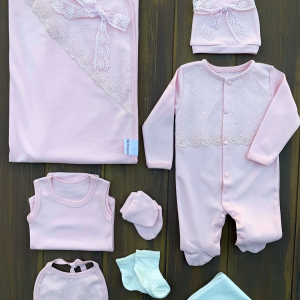 Dantel İşlemeli 10 Parça Yeni Doğan Hastane Seti Pembe