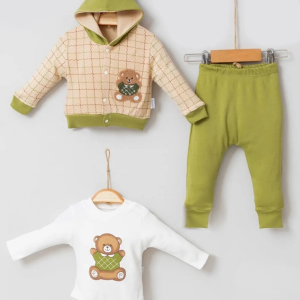 3-9 Ay Bear Çizgili Hırkalı 3'lü Bebek Takımı Yeşil