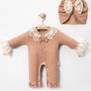 3-9 Ay Dantel Yaka Kız Bebek Tulumu Şapkalı Kahverengi