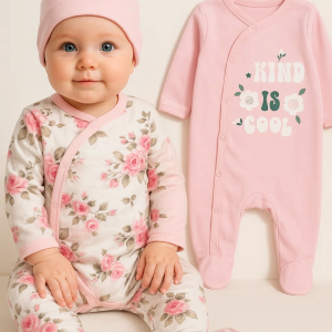 3-6 Ay Kind is Cool Nakışlı Kız Bebek 4'lü Tulum Seti Pembe