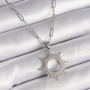 316L Çelik Gümüş Renk Zincir Zirkon Taşlı Güneş Model Kadın Kolye