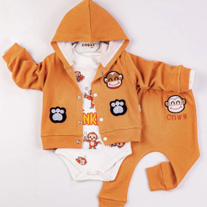 Yeni Doğan 3-6 Ay Erkek Bebek Takımı Monkey Kapişonlu Turuncu