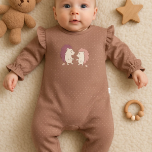 3-12 Ay Kız Bebek Tulum Kirpi Nakışlı Kahverengi