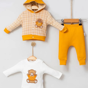 3-9 Ay Bear Çizgili Hırkalı 3'lü Bebek Alt&Üst Takımı Sarı
