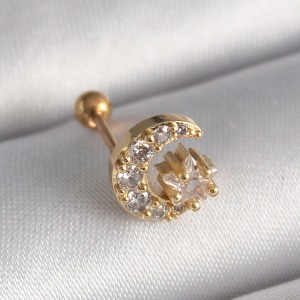 316L Çelik Gold Renk Zirkon Taşlı Ay Yıldız Tragus Piercing