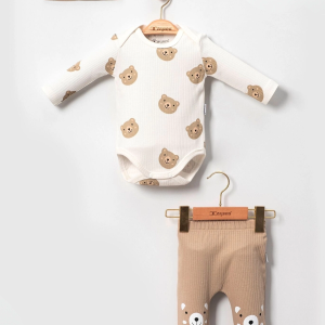 3-18 Ay Erkek Bebek Takımı Kulaklı Ayıcık 3'lü Krem
