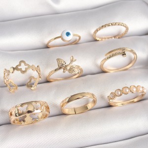 Pirinç Gold Renk Nazar Boncuk Model Kuş Detay Kadın Yüzük Kombini